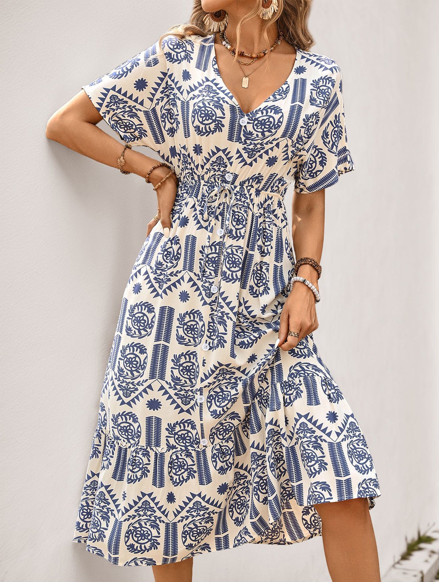 Tribal Print V Neck Short Sleeve Dress