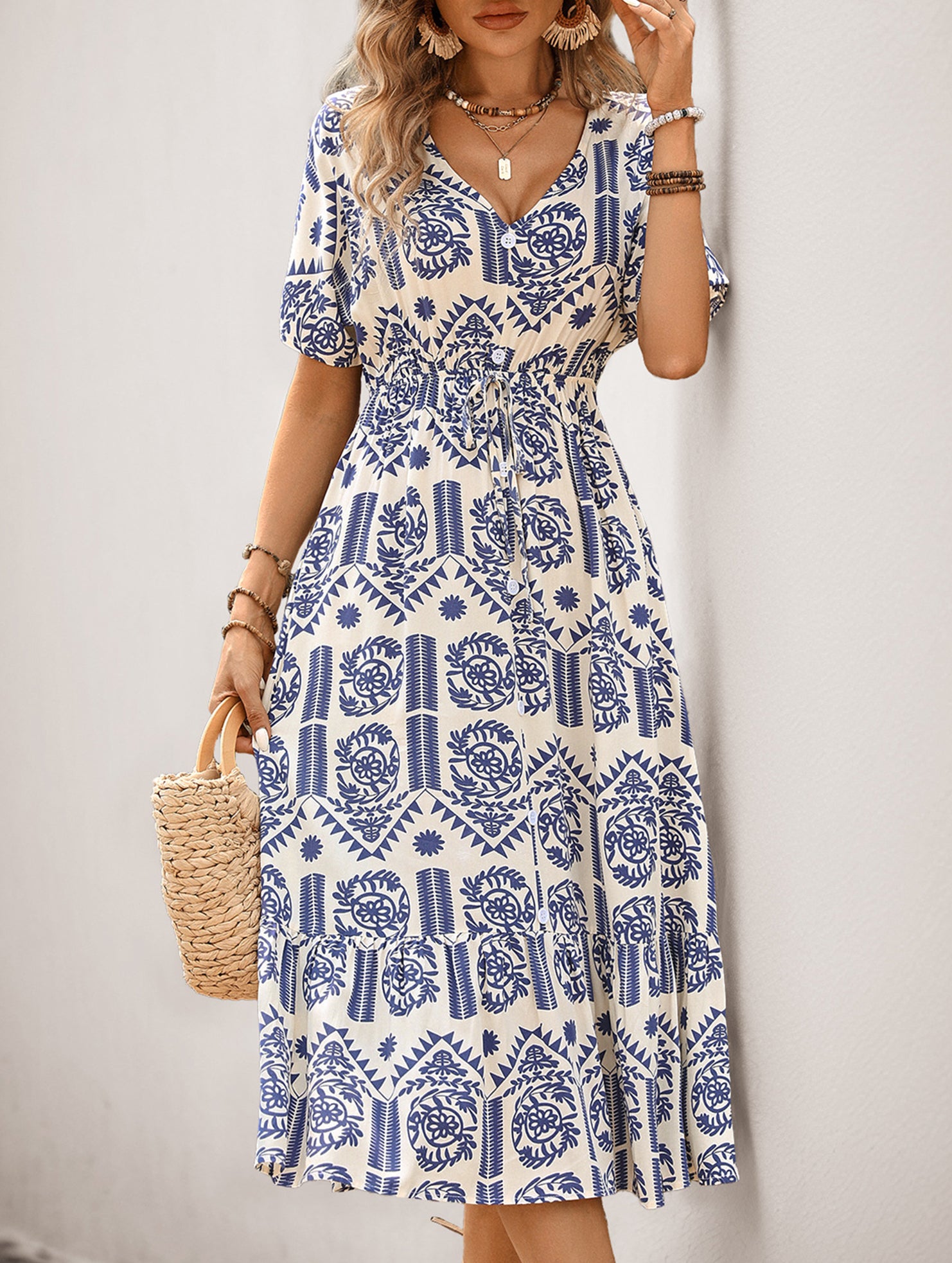 Tribal Print V Neck Short Sleeve Dress