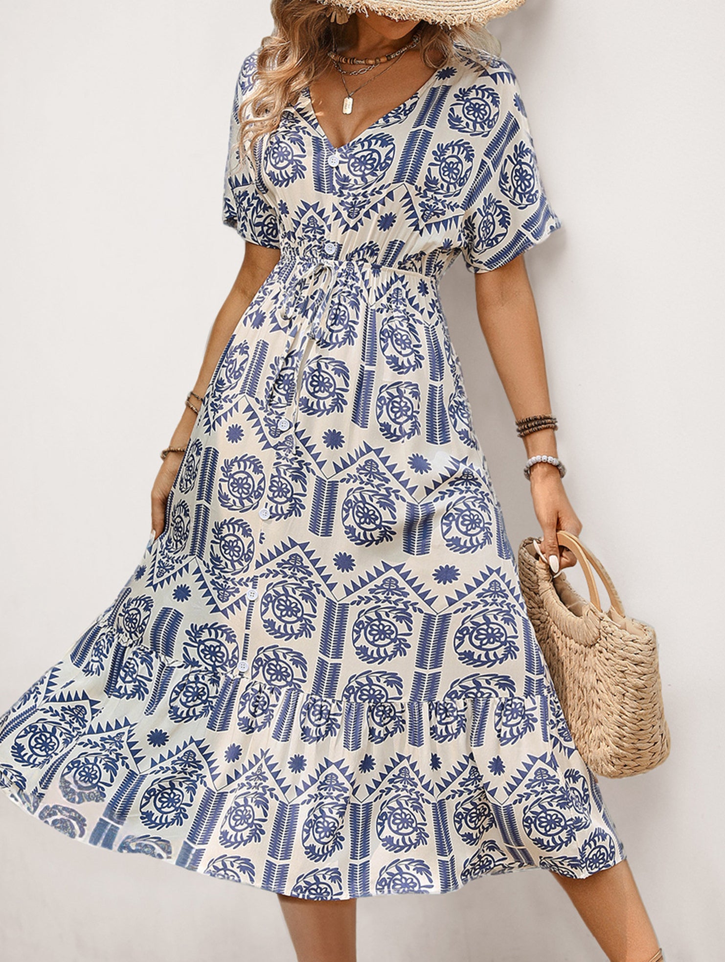 Tribal Print V Neck Short Sleeve Dress