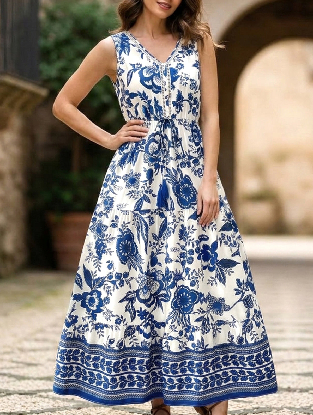 Blue Print V Neck Sleeveless Maxi Dress