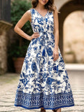Blue Print V Neck Sleeveless Maxi Dress