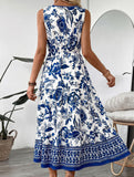 Blue Print V Neck Sleeveless Maxi Dress