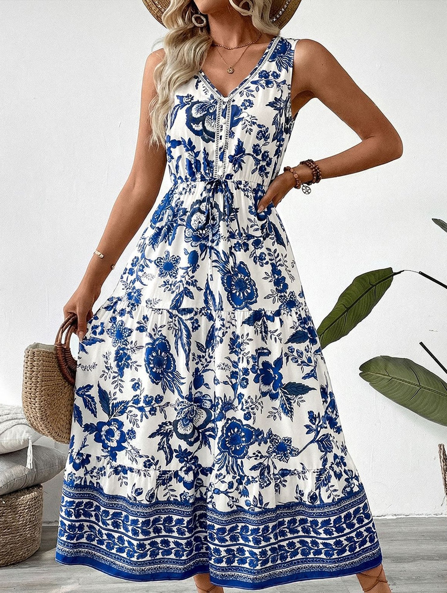 Blue Print V Neck Sleeveless Maxi Dress