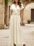 Solid V Neck High Waist Maxi Dress
