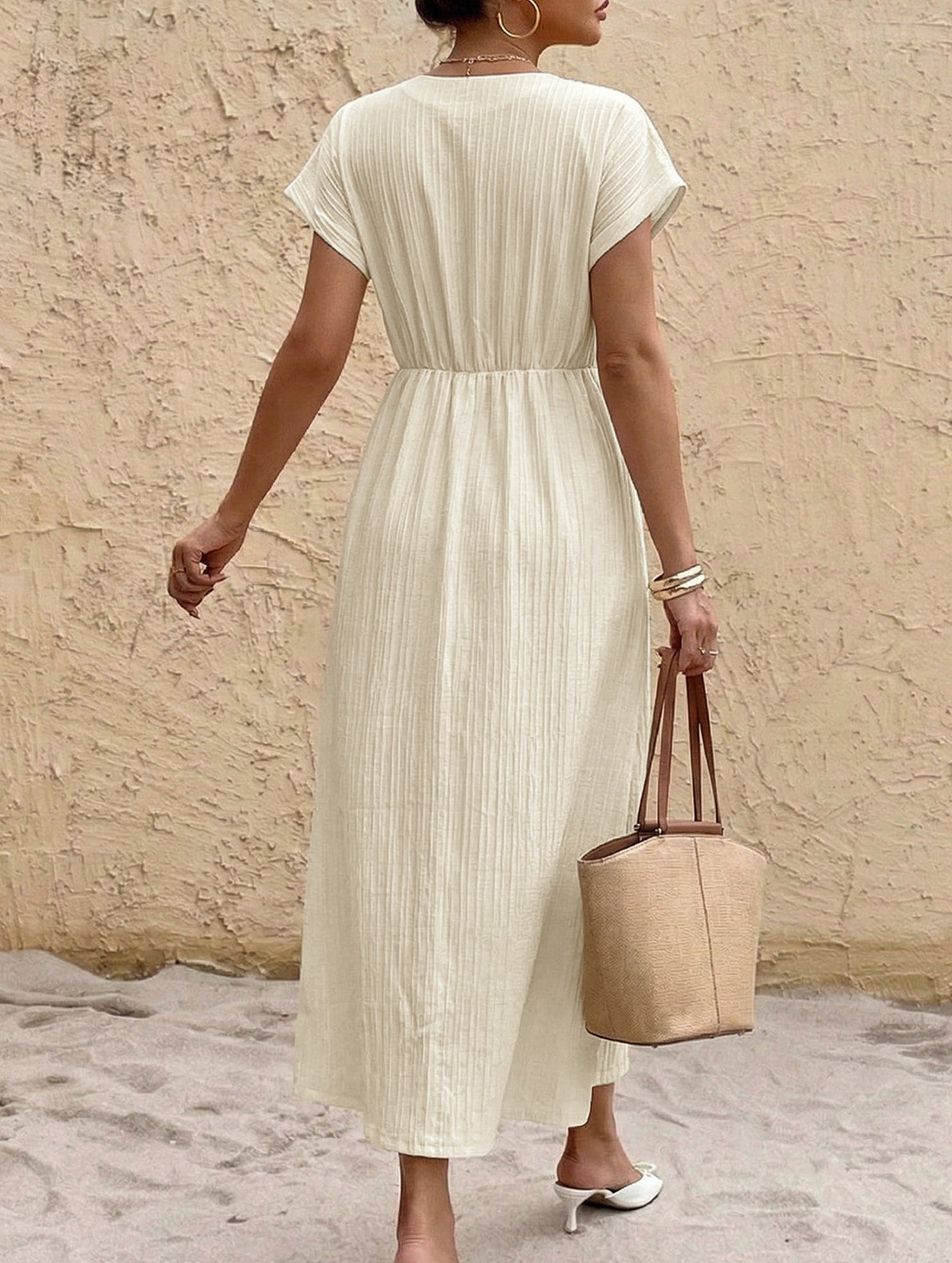 Solid V Neck High Waist Maxi Dress