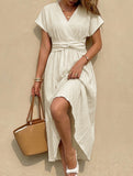 Solid V Neck High Waist Maxi Dress