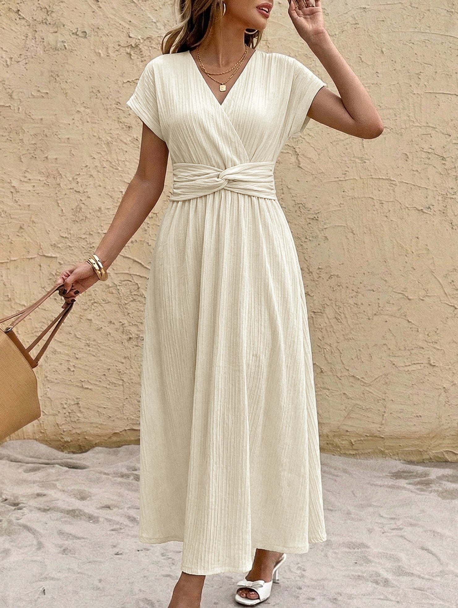 Solid V Neck High Waist Maxi Dress