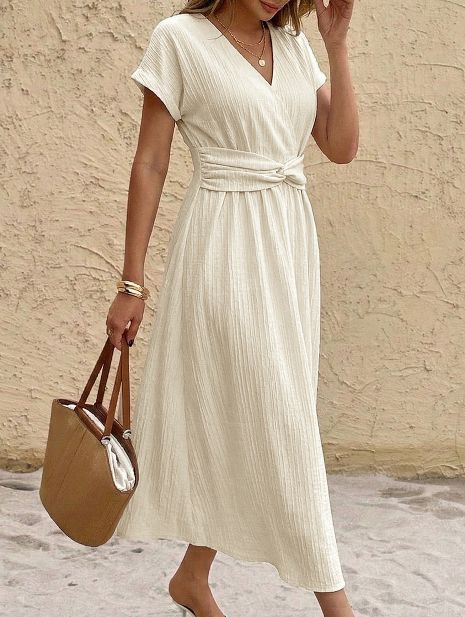 Solid V Neck High Waist Maxi Dress
