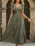 V Neck Ruffle Sleeve Slit Maxi Dress