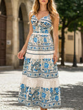 Women's blue boho print cami maxi dress - floral tiered A-line vacation party dress