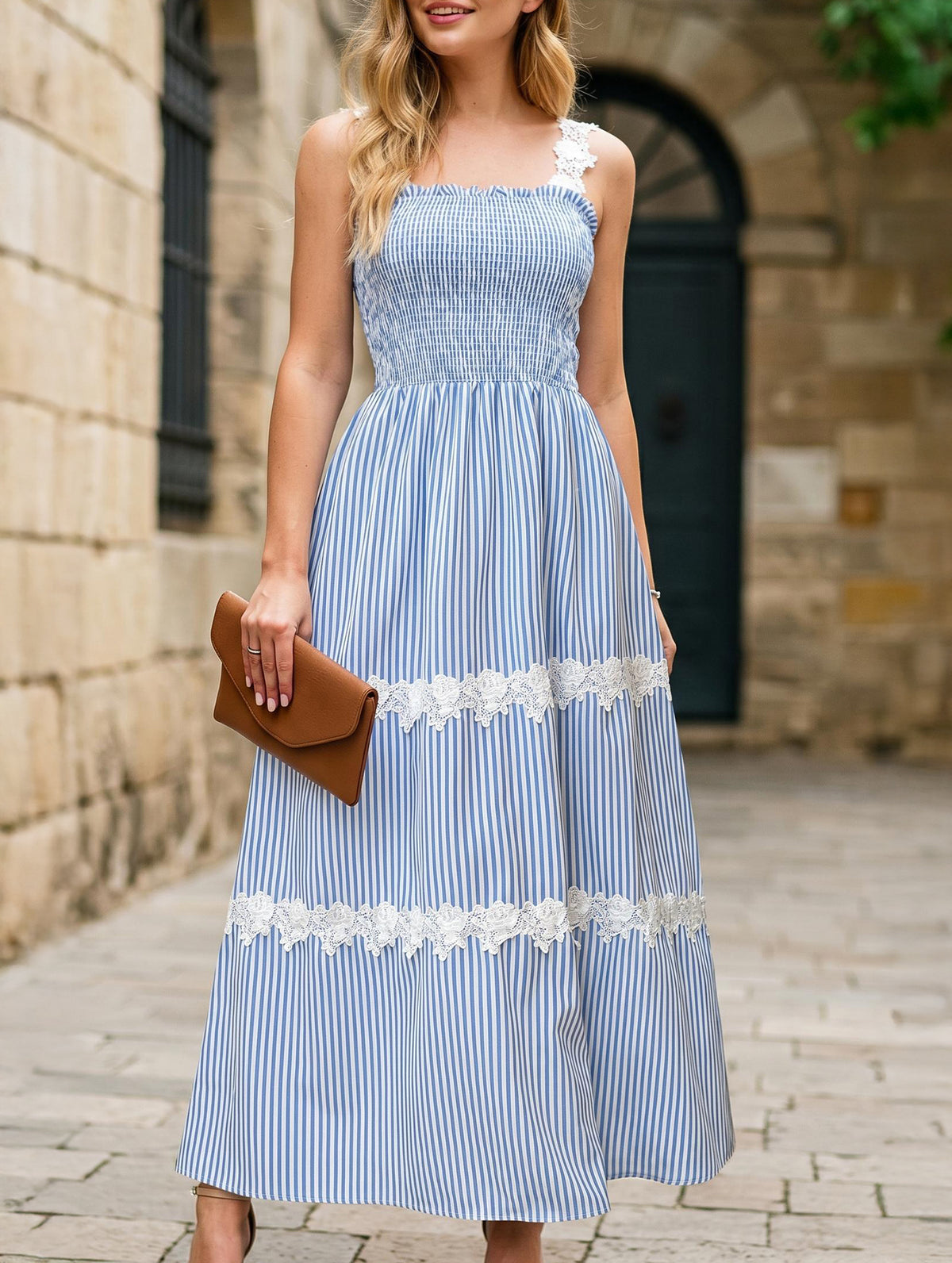 Women's blue lace stripe cami maxi dress - smocked top tiered sundress vacation dress