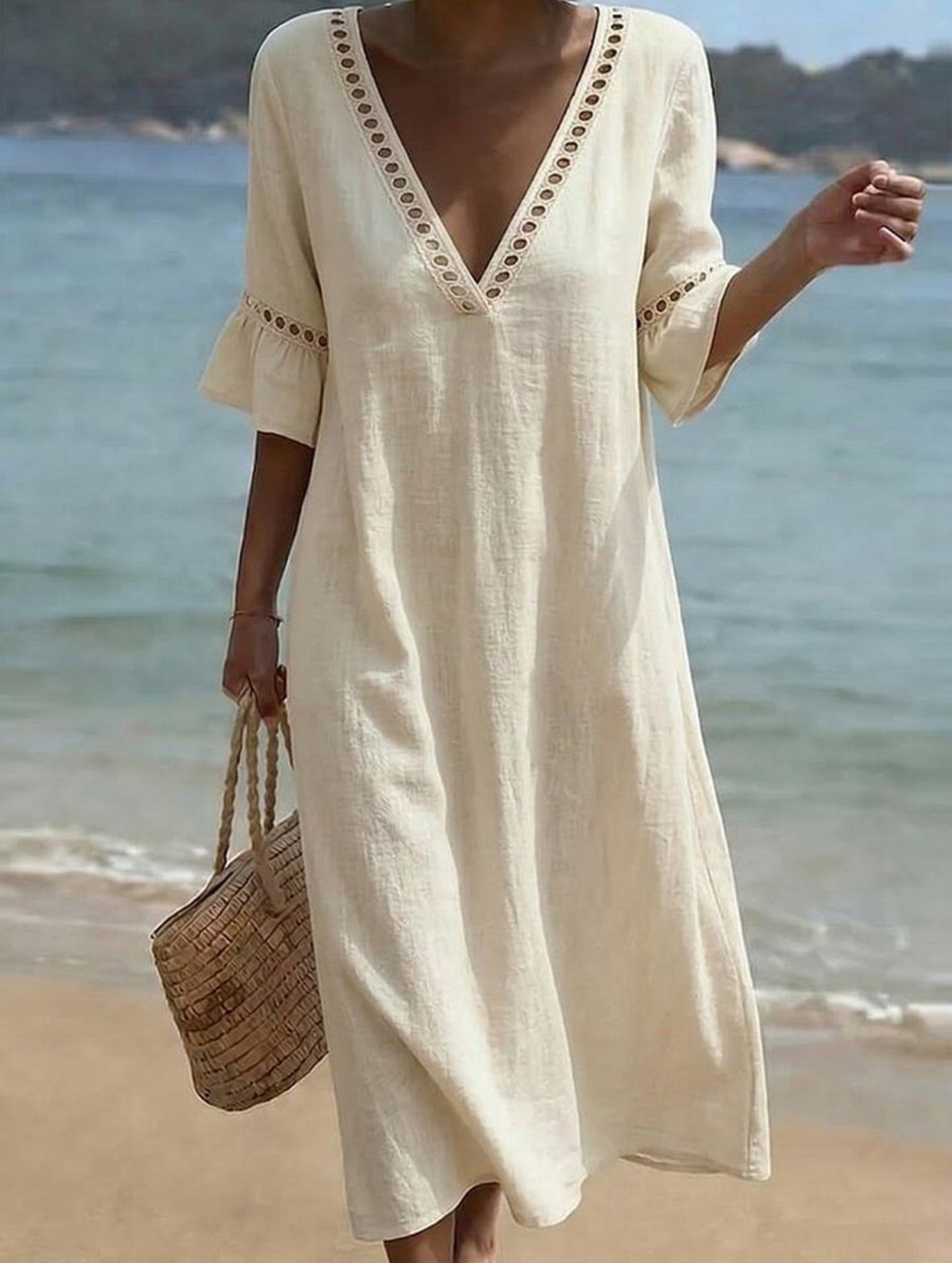 Linen V Neck Loose Maxi Dress