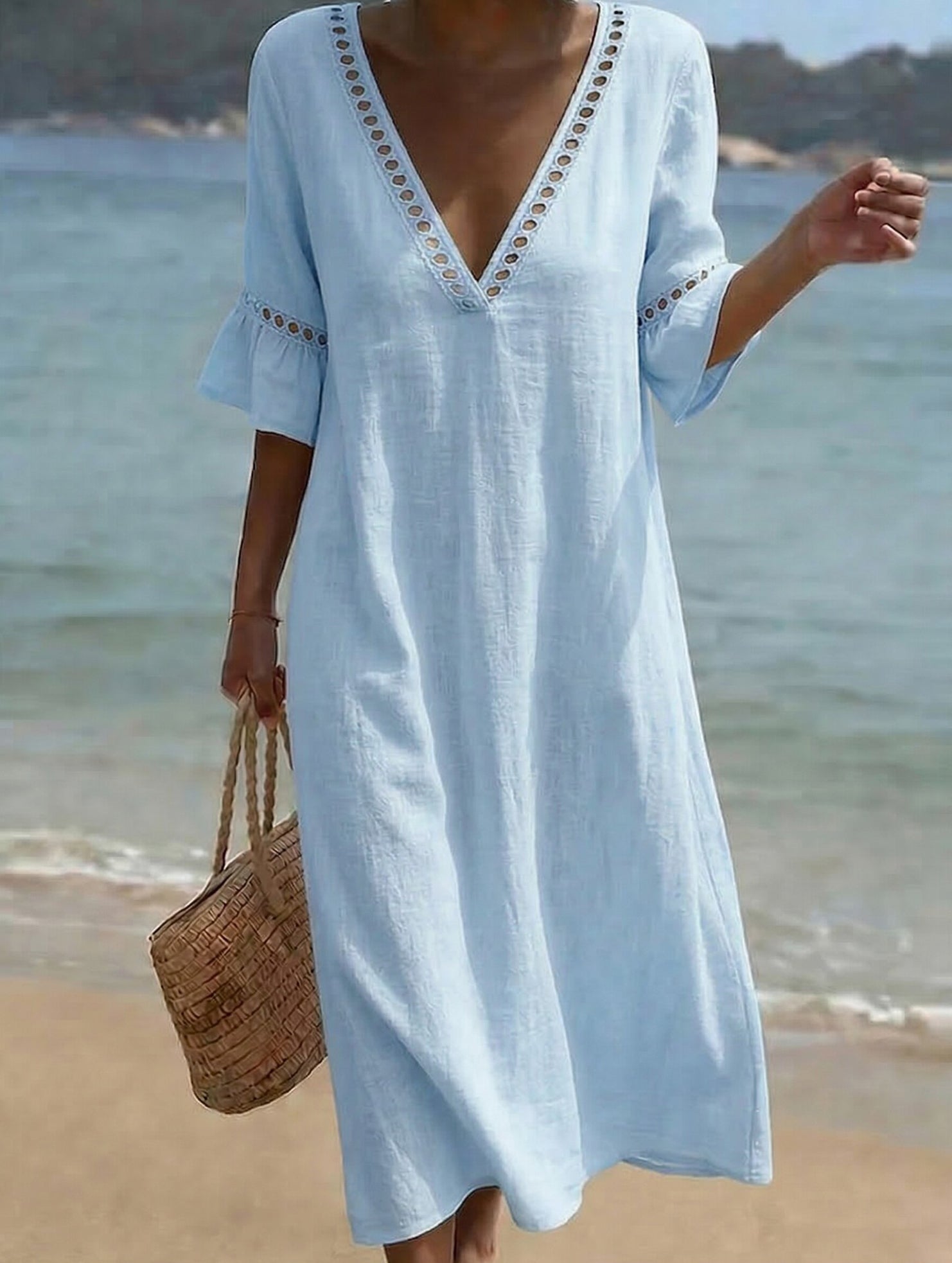 Linen V Neck Loose Maxi Dress