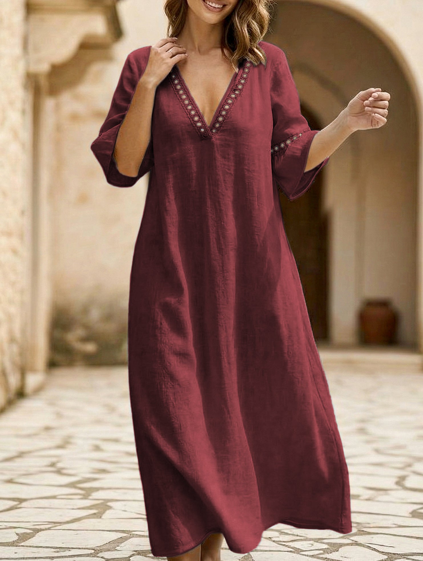 Linen V Neck Loose Maxi Dress
