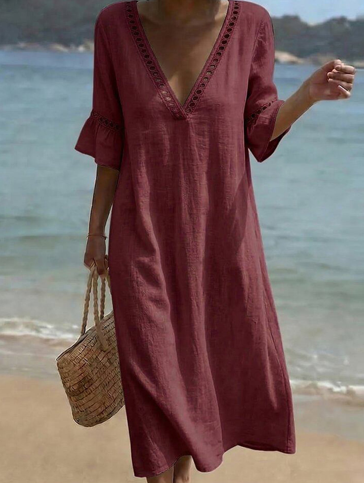 Linen V Neck Loose Maxi Dress