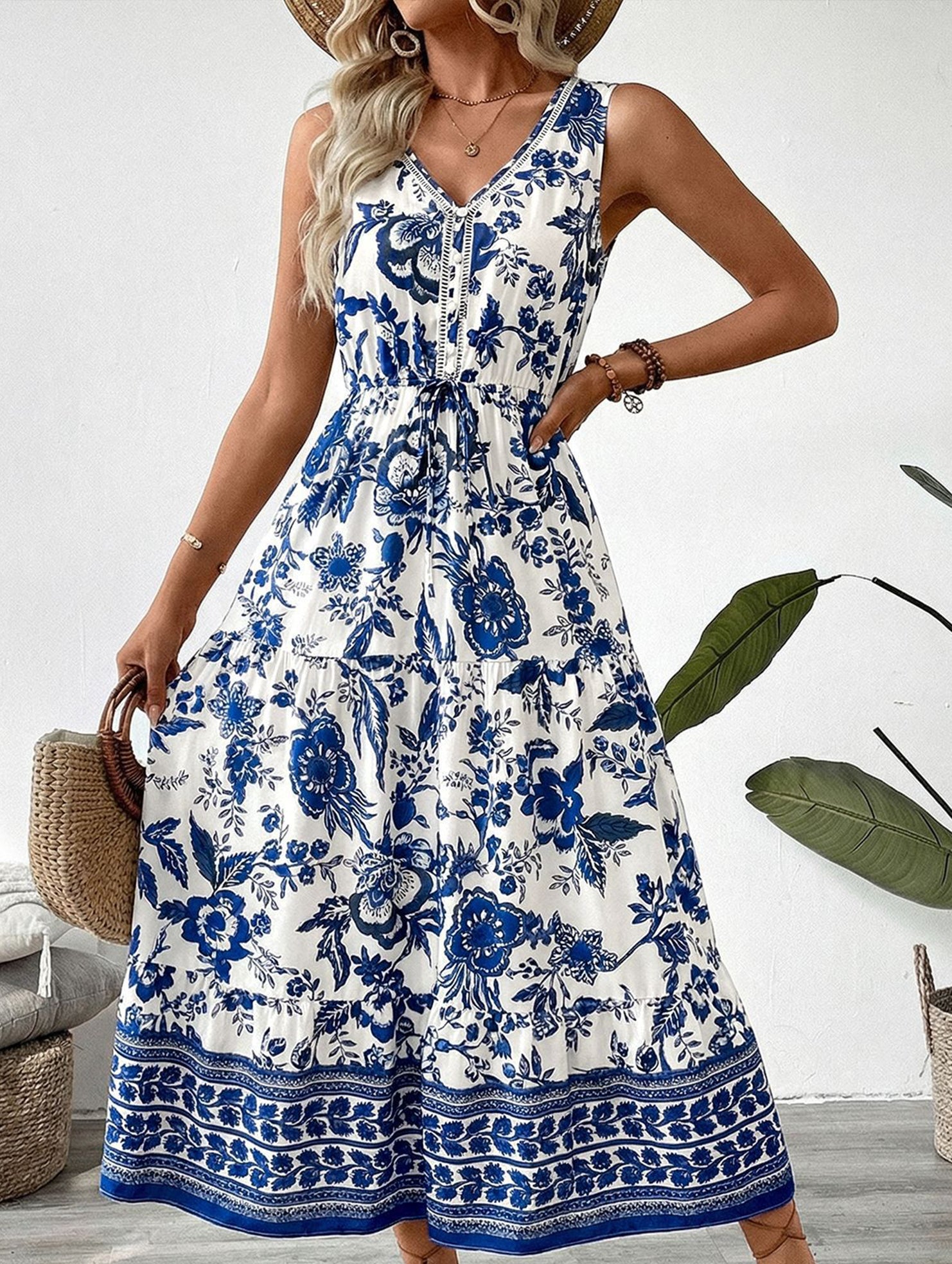 V Neck Print Sleeveless Maxi Dress_CWDMD02827