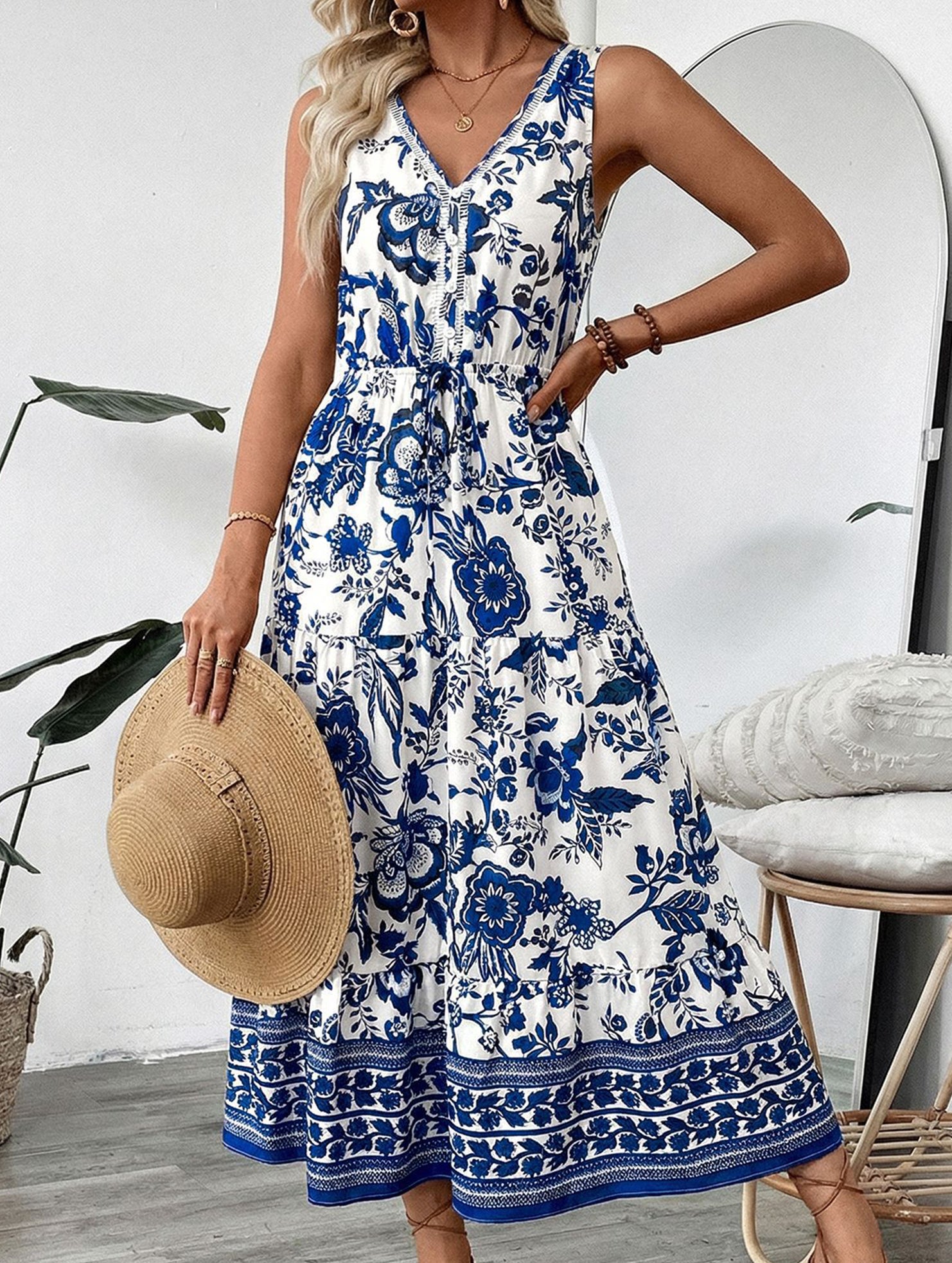 V Neck Print Sleeveless Maxi Dress_CWDMD02827