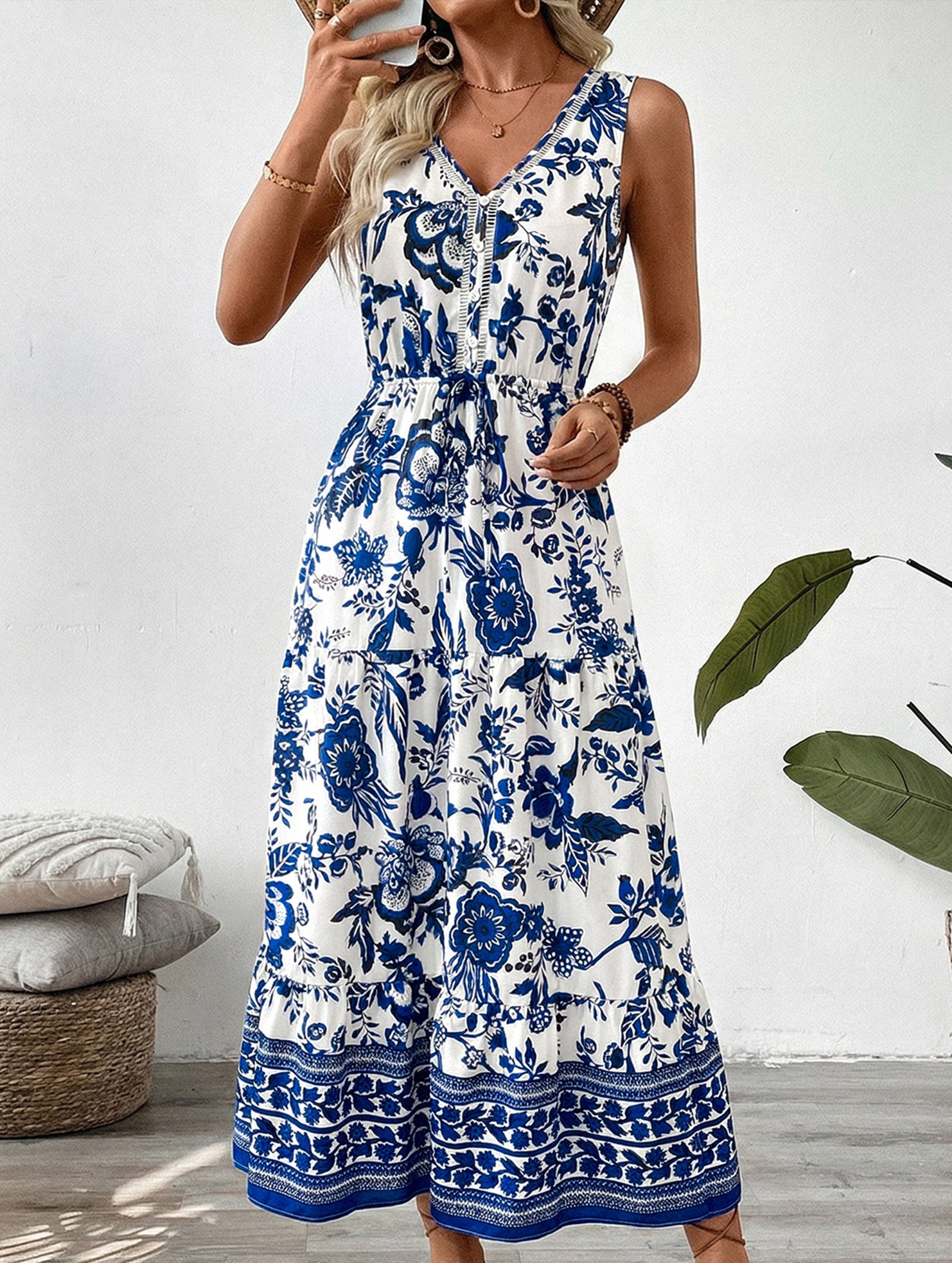 V Neck Print Sleeveless Maxi Dress_CWDMD02827