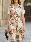 Print Button Waist Short Sleeve Dress