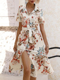 Print Button Waist Short Sleeve Dress