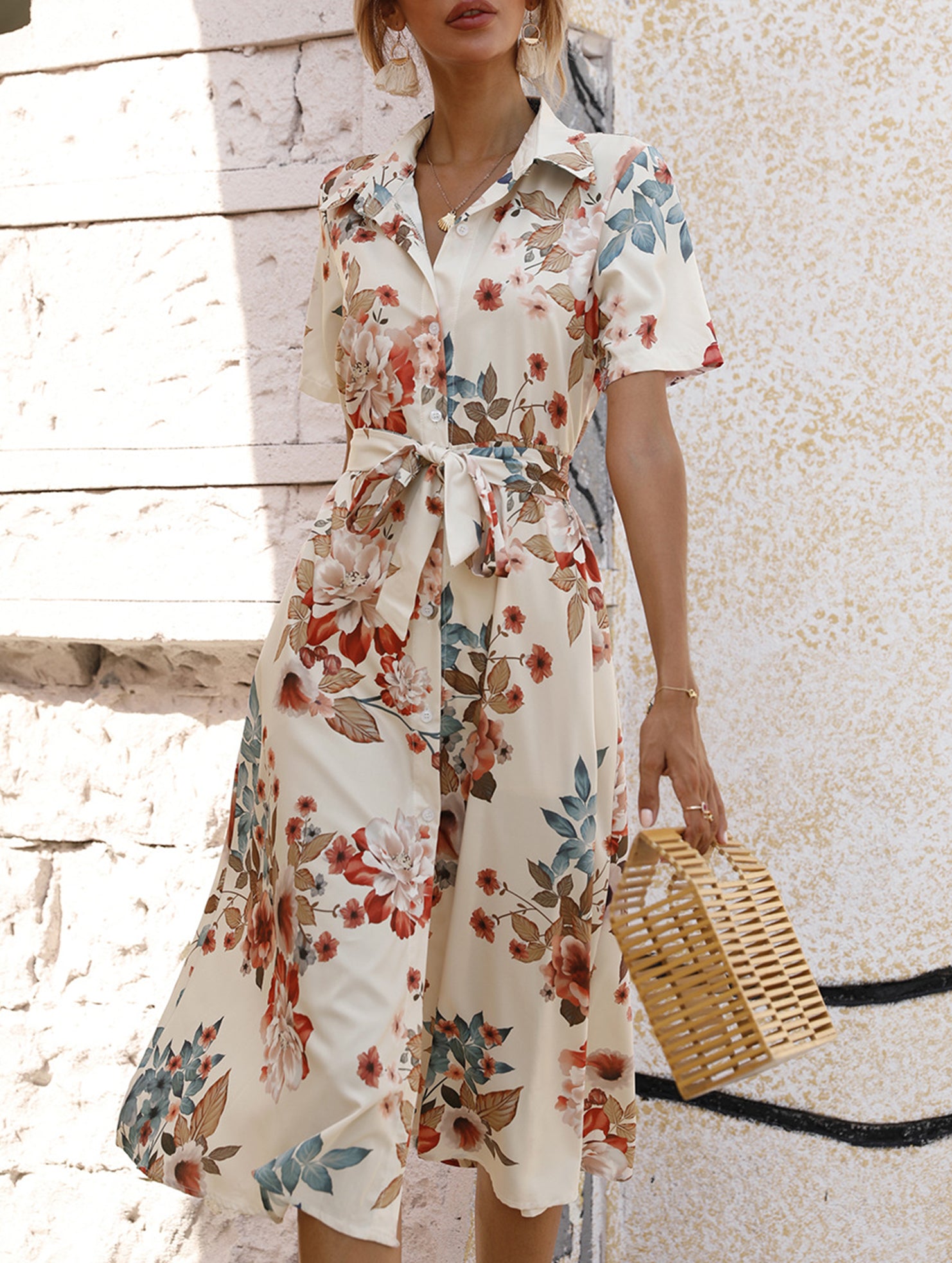 Print Button Waist Short Sleeve Dress
