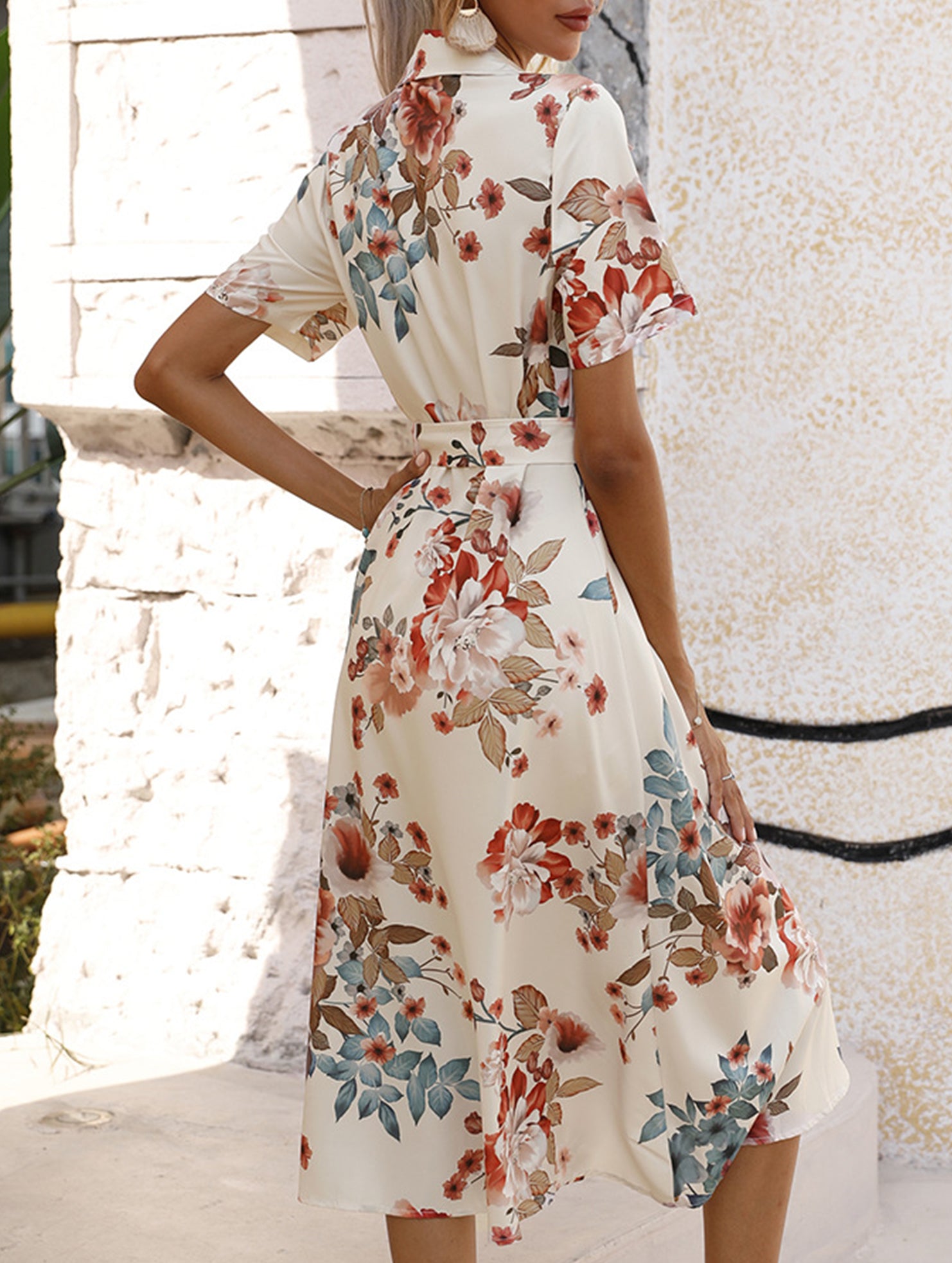 Print Button Waist Short Sleeve Dress