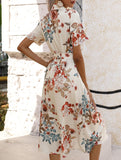 Print Button Waist Short Sleeve Dress