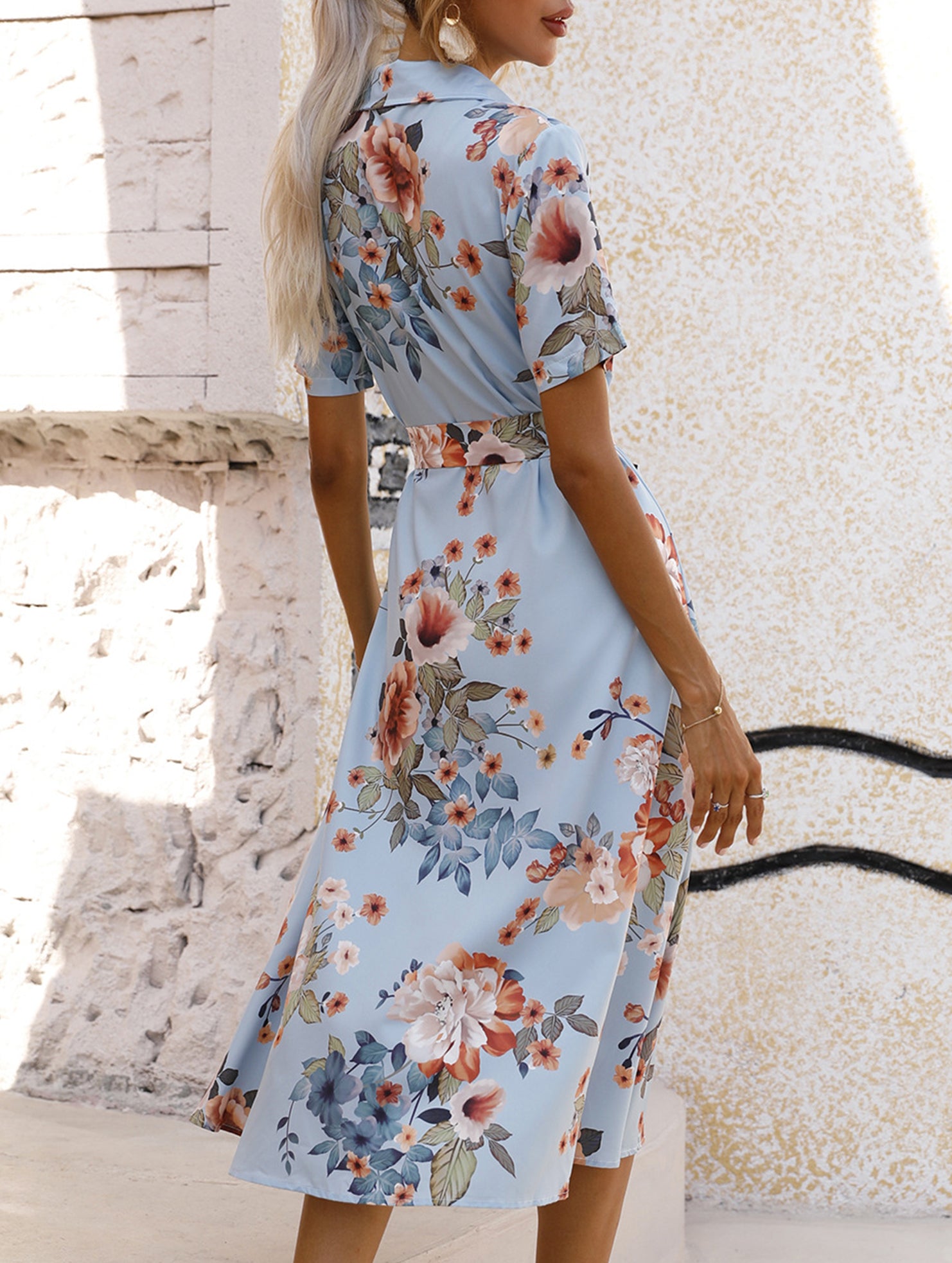 Print Button Waist Short Sleeve Dress