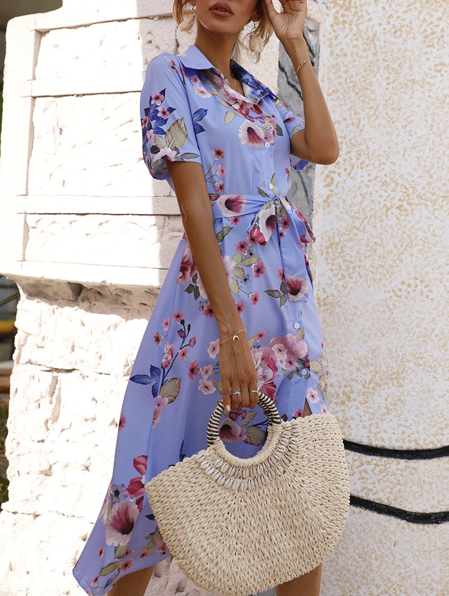 Print Button Waist Short Sleeve Dress