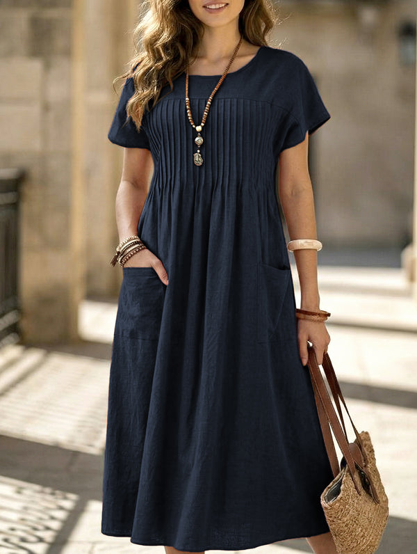 Cotton Linen Pocket Short Sleeve Dress