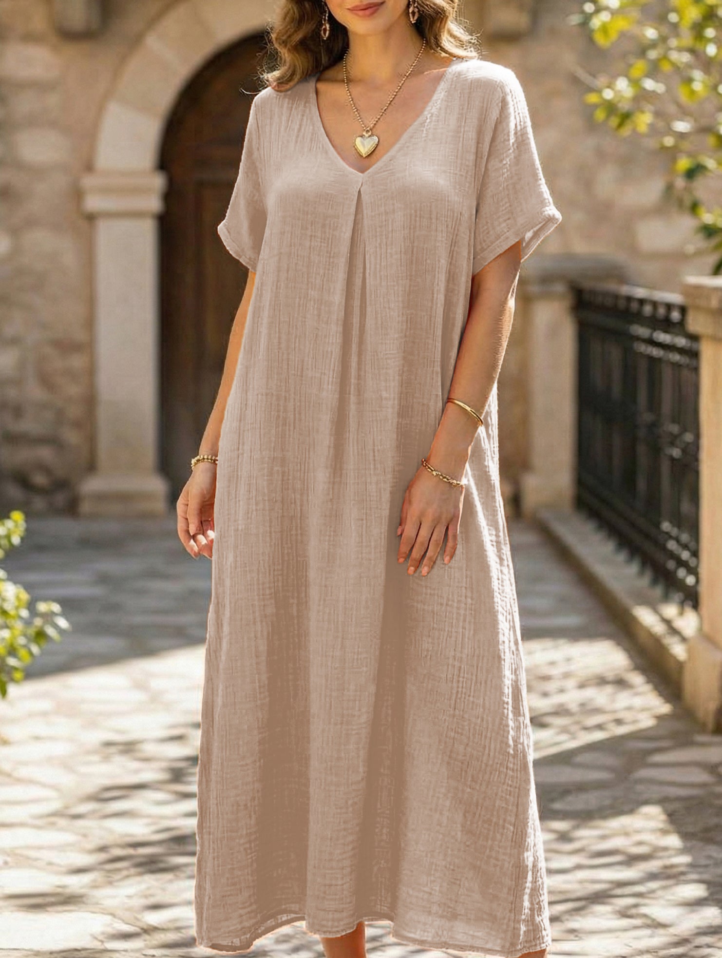 Linen V Neck Loose Short Sleeve Dress