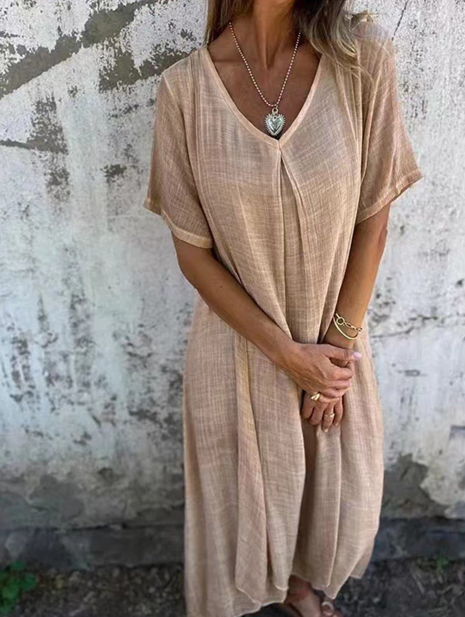 Linen V Neck Loose Short Sleeve Dress