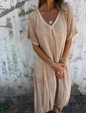 Linen V Neck Loose Short Sleeve Dress