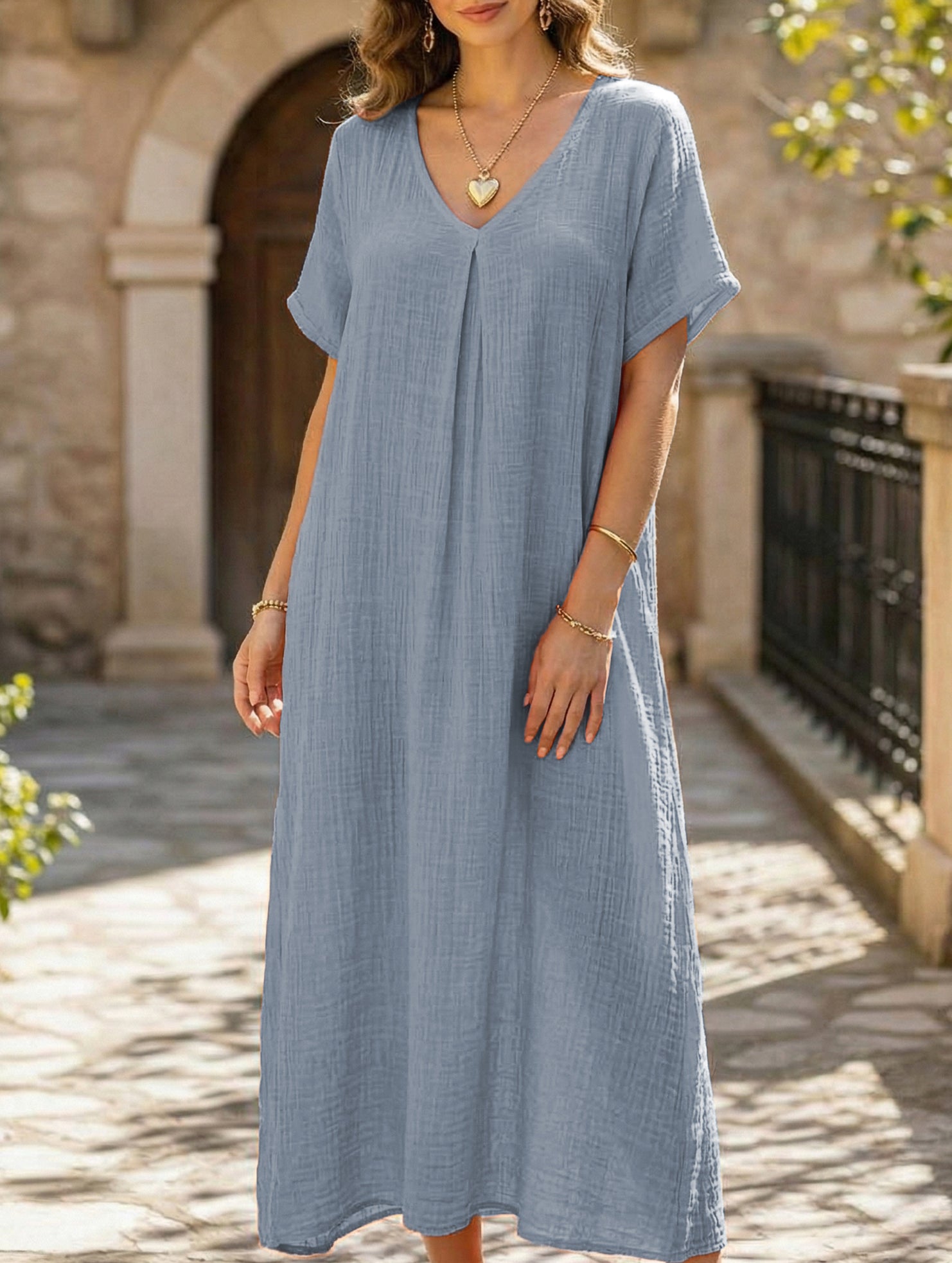 Linen V Neck Loose Short Sleeve Dress