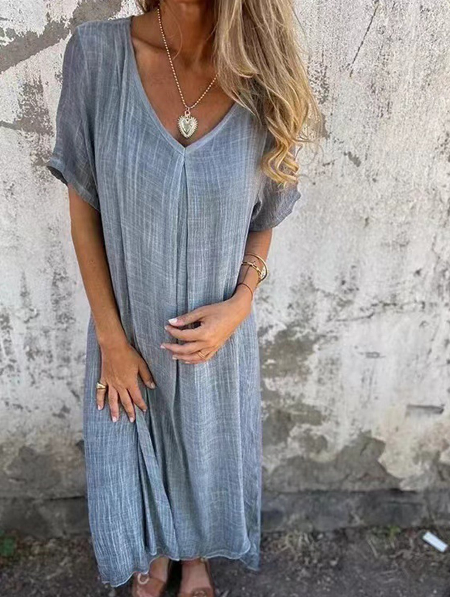 Linen V Neck Loose Short Sleeve Dress