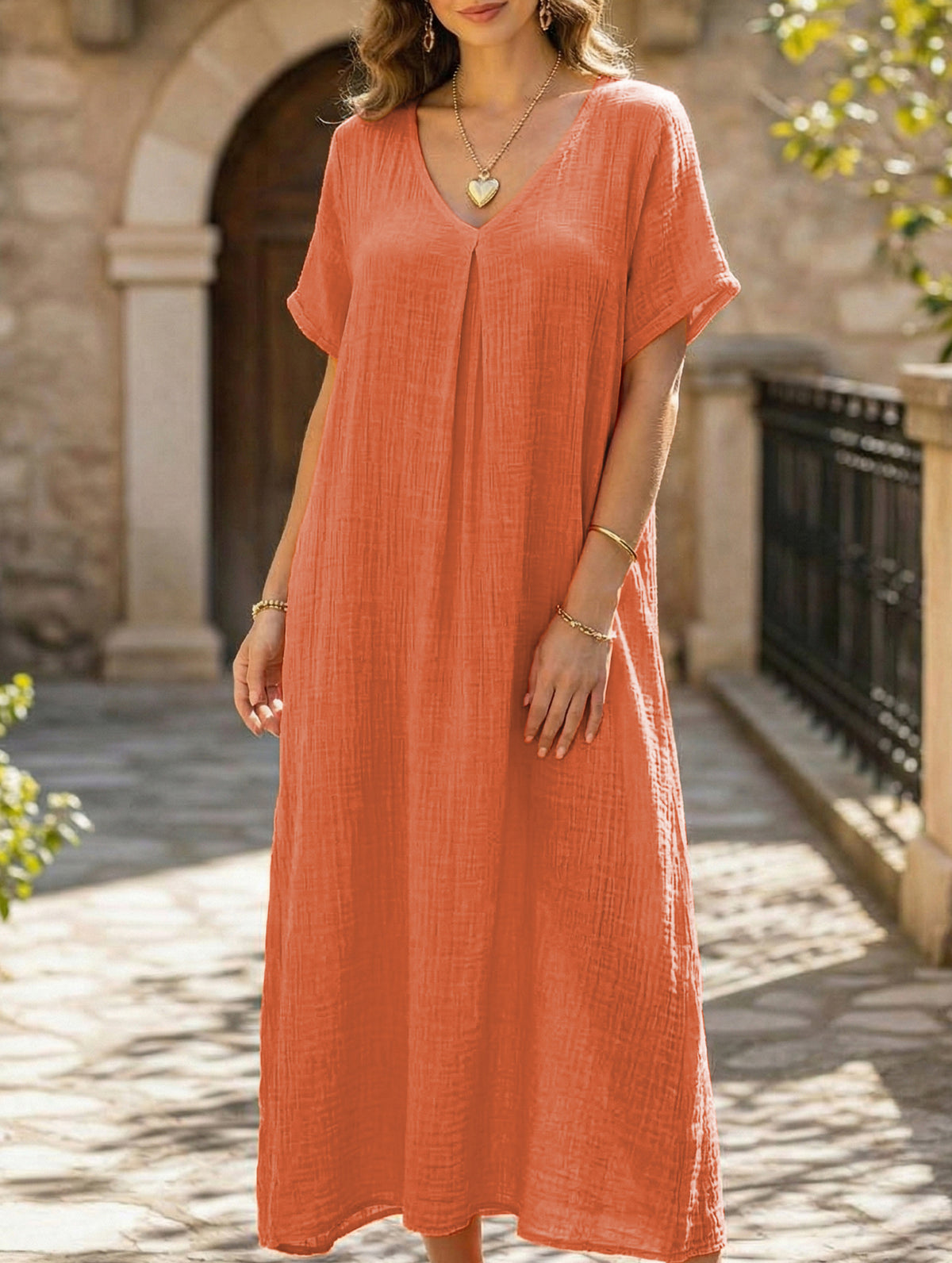 Linen V Neck Loose Short Sleeve Dress