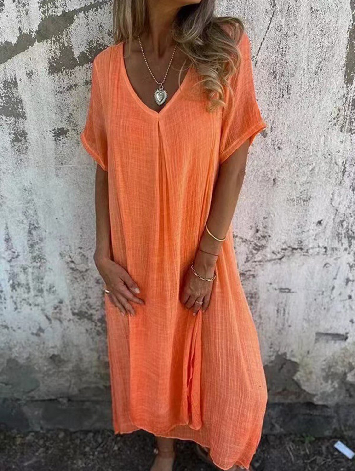 Linen V Neck Loose Short Sleeve Dress