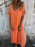 Linen V Neck Loose Short Sleeve Dress