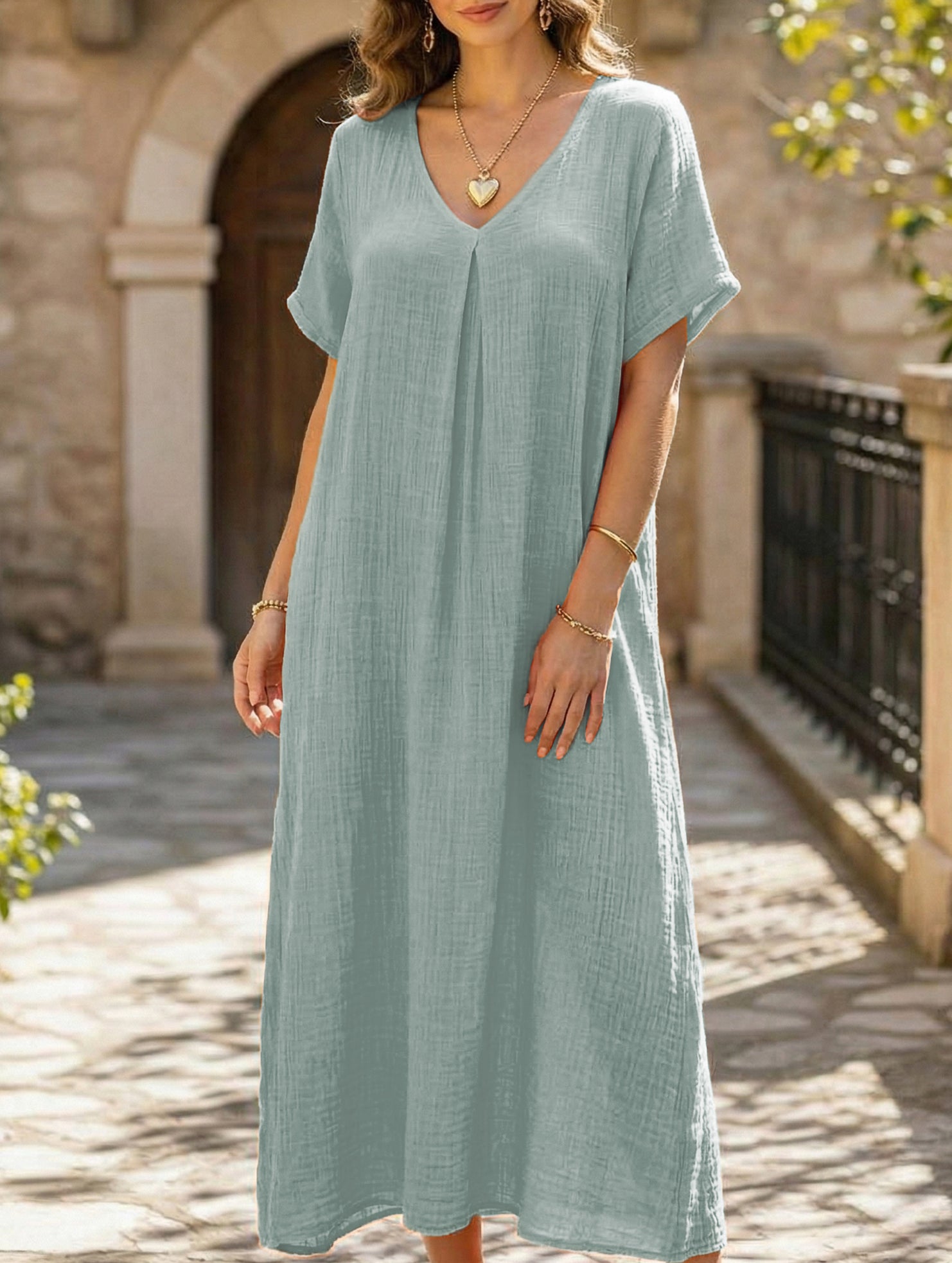 Linen V Neck Loose Short Sleeve Dress
