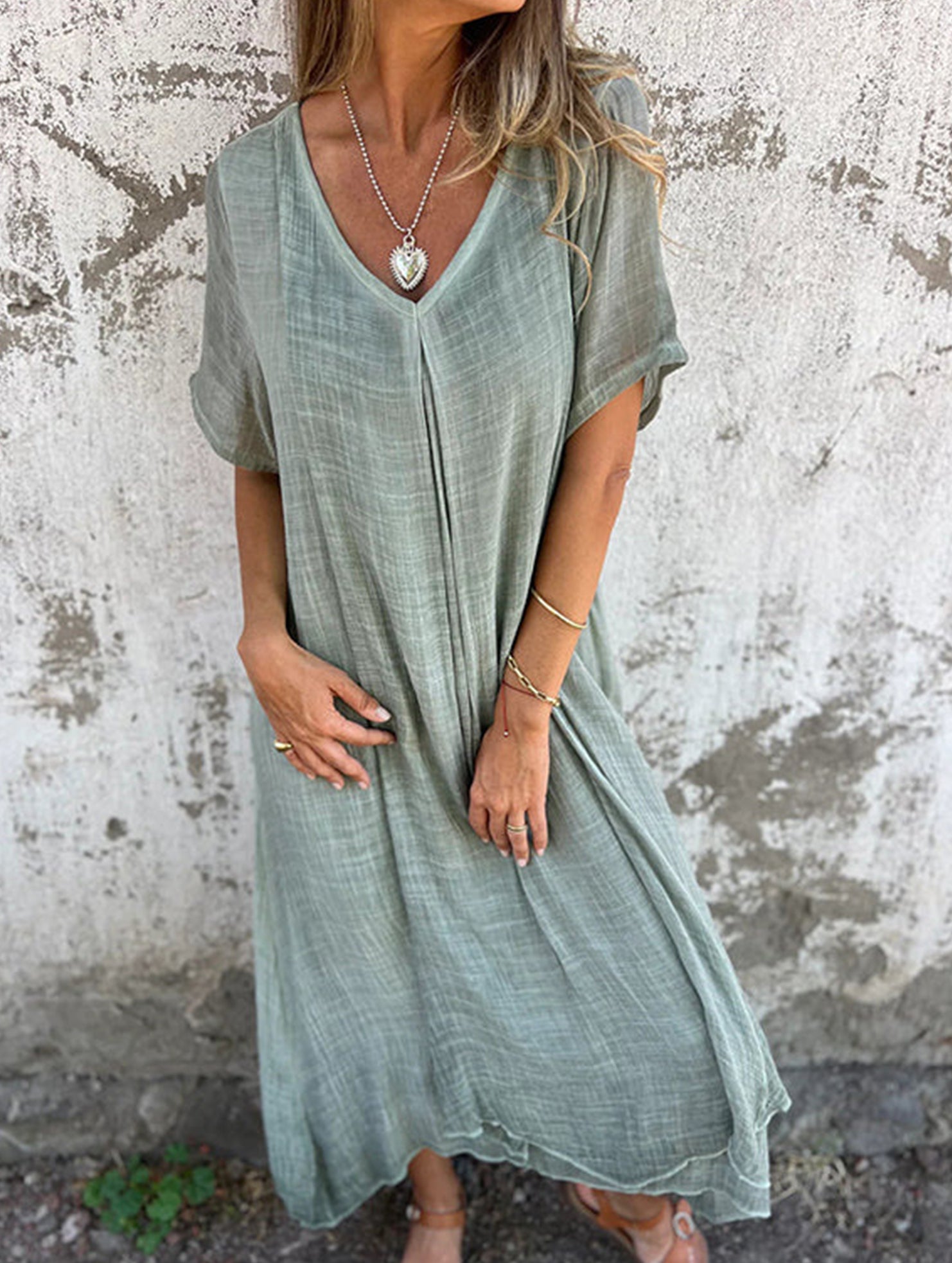 Linen V Neck Loose Short Sleeve Dress