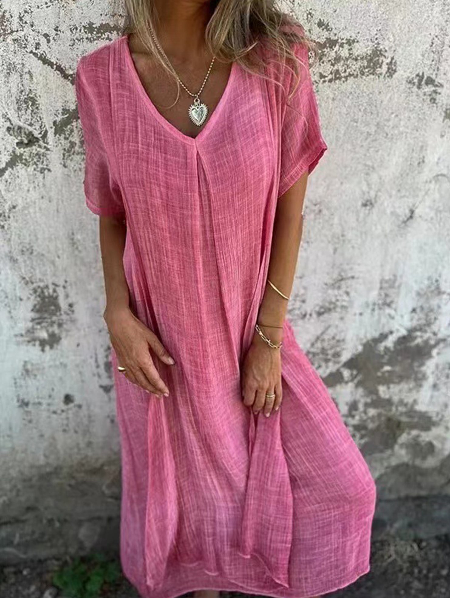 Linen V Neck Loose Short Sleeve Dress