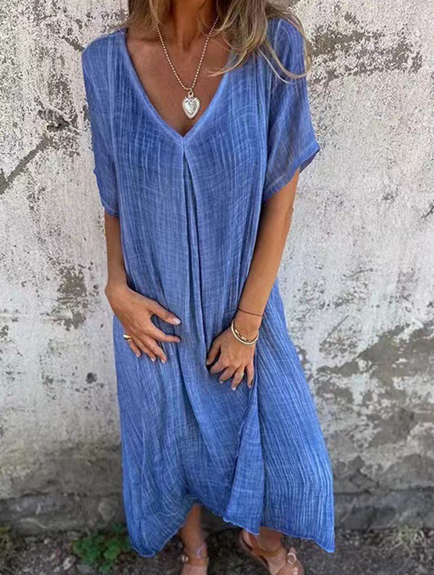 Linen V Neck Loose Short Sleeve Dress