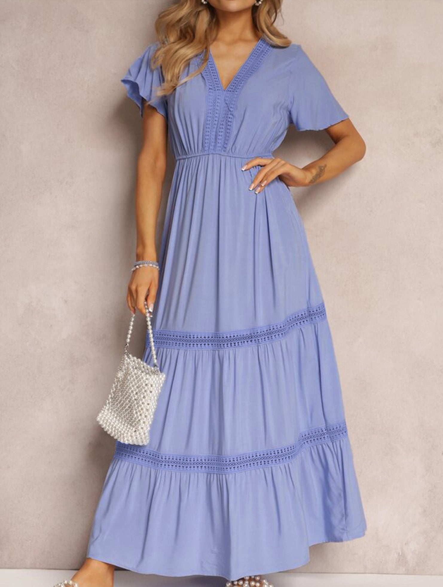 V Neck Ruffle Sleeve Flowy Maxi Dress_CWDMD02885
