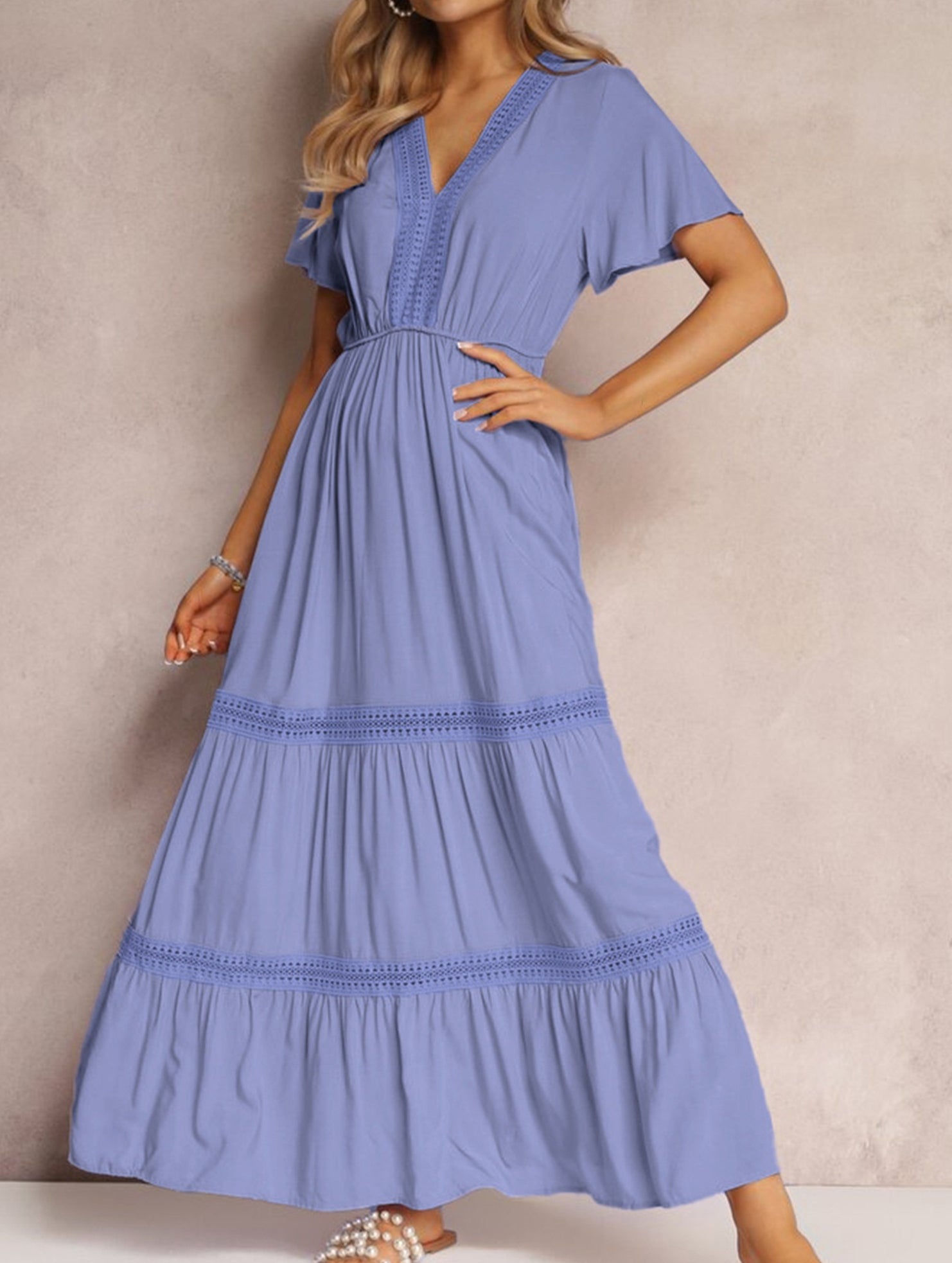 V Neck Ruffle Sleeve Flowy Maxi Dress_CWDMD02885