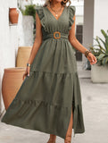 Deep V Flutter Sleeve Waist Dress_CWDMD02889