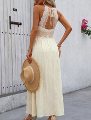 Halter Lace Patch V Neck Maxi Dress_CWDMD02890
