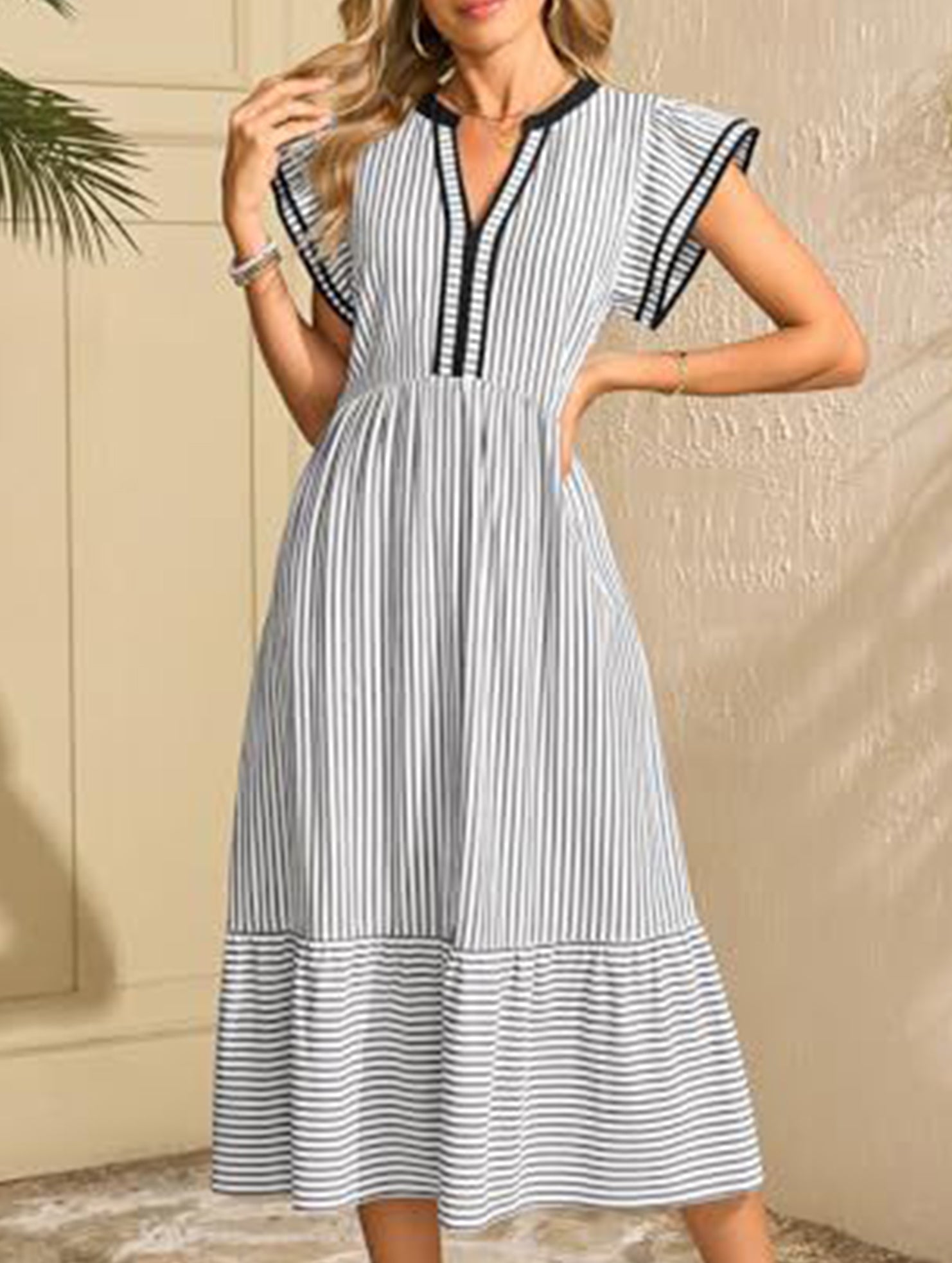 Colorblock Stripe Flutter Sleeve Dress_CWDMD02891