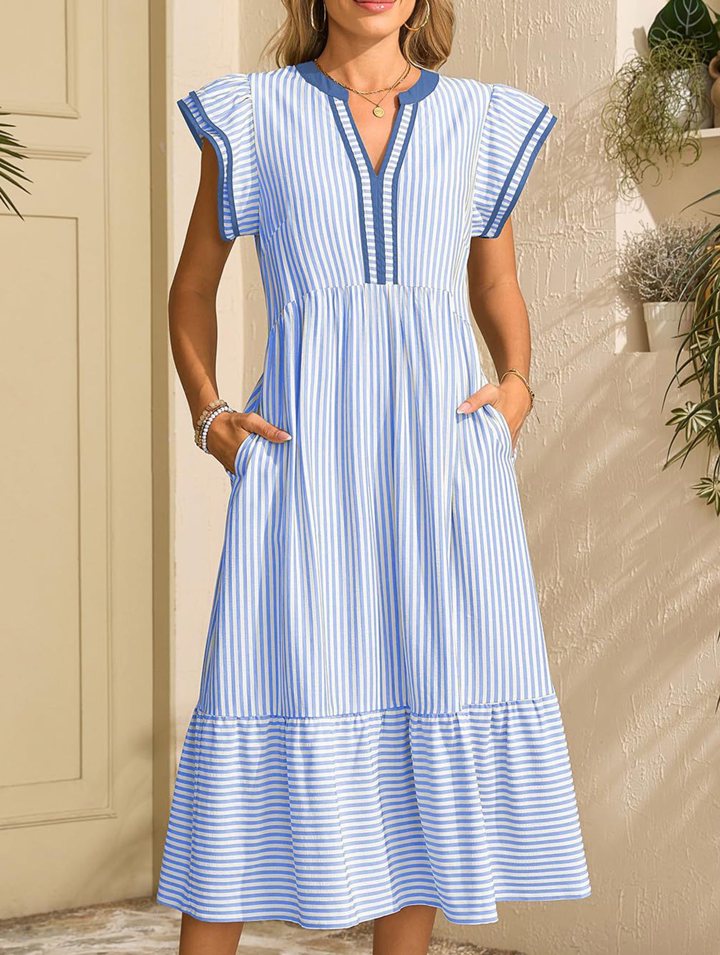 Colorblock Stripe Flutter Sleeve Dress_CWDMD02891