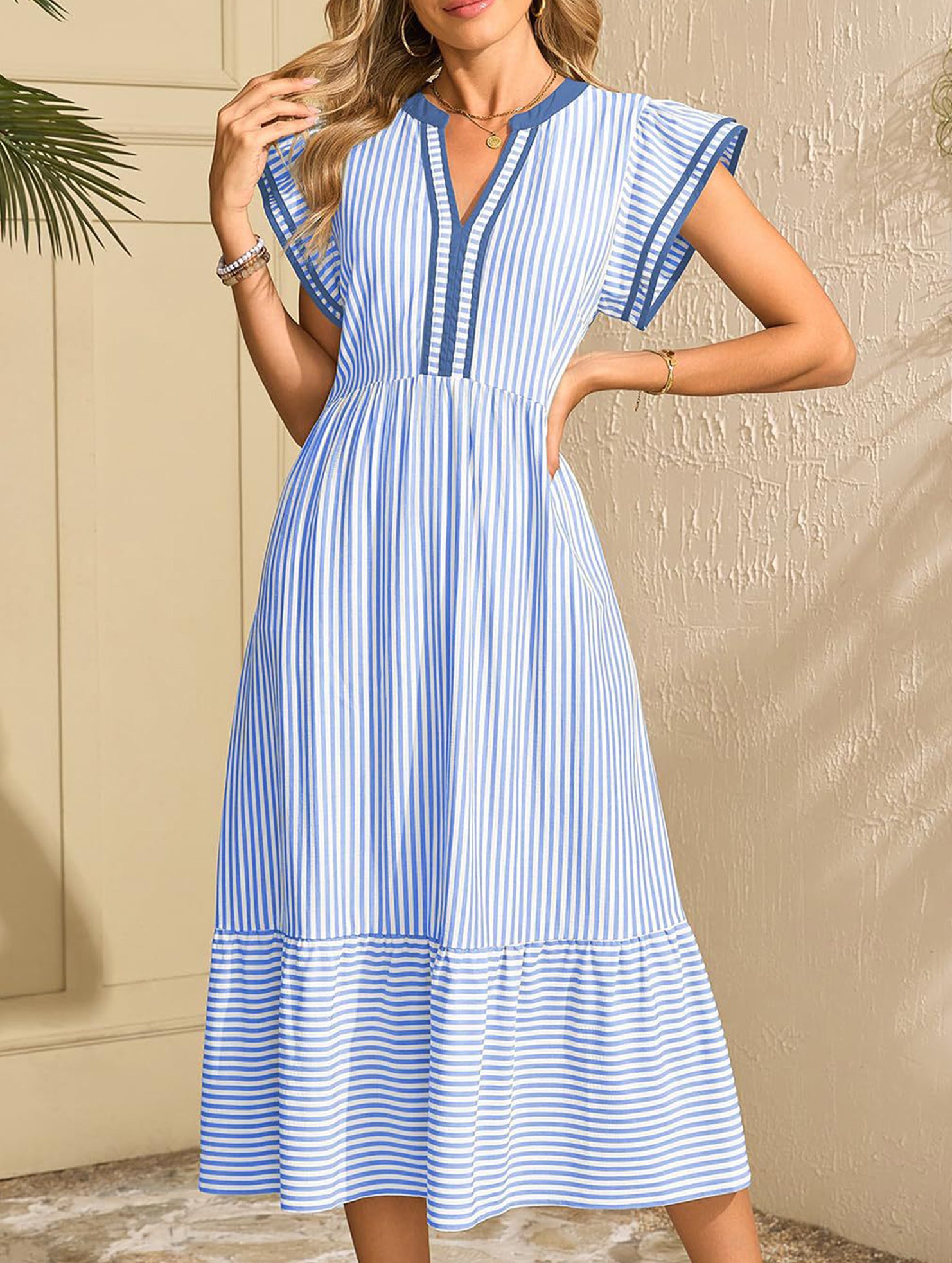 Colorblock Stripe Flutter Sleeve Dress_CWDMD02891