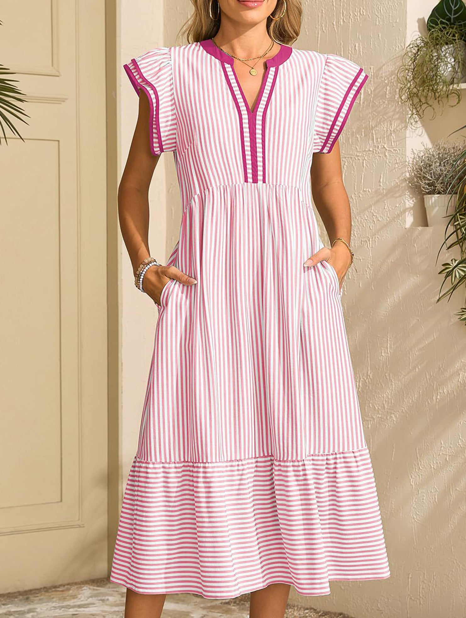 Colorblock Stripe Flutter Sleeve Dress_CWDMD02891